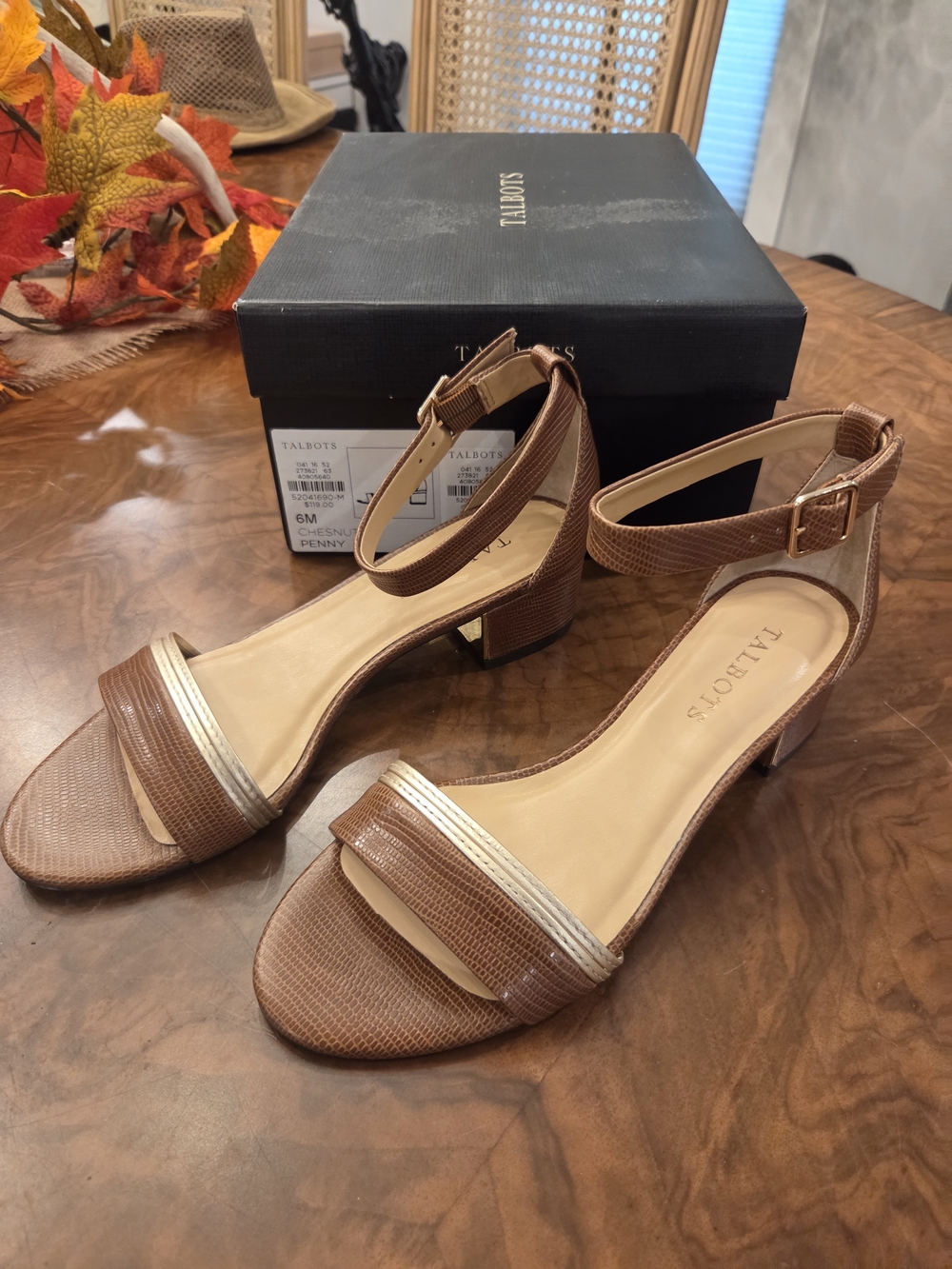 Talbots Chestnut Low Block Heel Sandals with Gold Accent